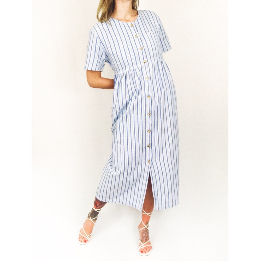 Vintage Pinstripe Cotton Midi Dress | Size M